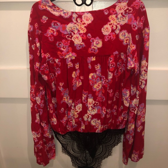 Free People Bodysuit Red Floral M Lace Tie Top - Picture 5 of 7